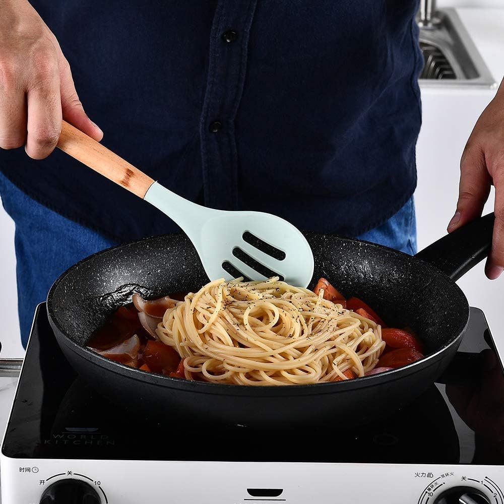 Kitchen Utensils Set for Cooking : 13 Pieces Silicone Wood Handle Kitchen Spatula Set - Heat Resistant Kitchen Gadgets Tools for Non-Stick Cookware(Green)
