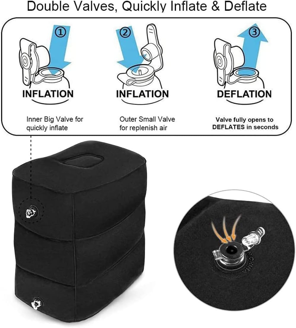 PEACESUN Inflatable Travel Foot Rest Pillow, Airplane Travel Pillow, Adjustable 3 Layers Height Leg Rest Pillow, Airplane Travel Essentials Great for Airplane, Office, Home, Trains, Cars (Black)