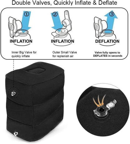 PEACESUN Inflatable Travel Foot Rest Pillow, Airplane Travel Pillow, Adjustable 3 Layers Height Leg Rest Pillow, Airplane Travel Essentials Great for Airplane, Office, Home, Trains, Cars (Black)
