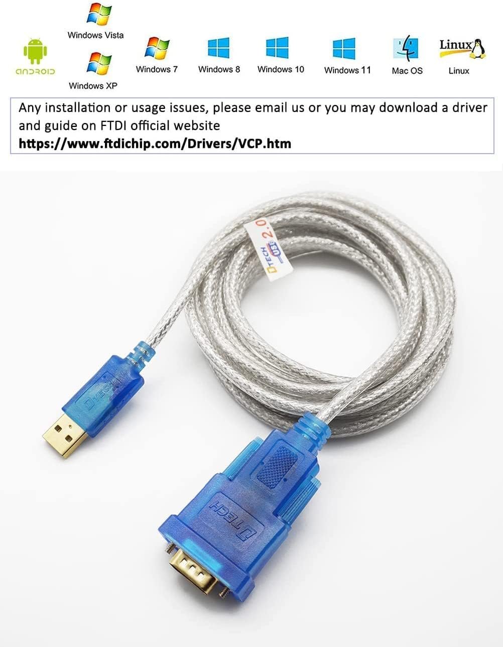 DTECH 10 Feet USB to DB9 Male Serial Adapter Cable with FTDI Chipset USB to RS232 Port Converter Compatible with Windows 11 10 8 7 Mac Linux