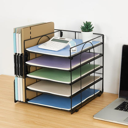 Gugsey Desk Organizer and Accessories, 5-Tier Paper Letter Tray with File Holder, Mesh Desktop File Organizers for School, Home, Office Supplies Organization and Storage (Black)