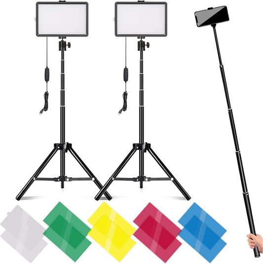 USB LED Video Light 2 Pack Dimmable Photography Continuous Table Top Lighting Kit with Selfie Stick Tripod, 10 Color Filters, 2 Phone Holder for YouTube/Photography/Vlogging/Live Streaming