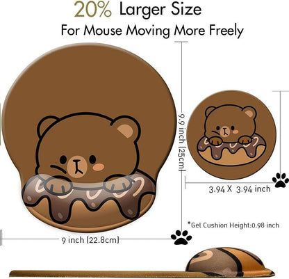 Cute Ergonomic Mouse Pad Wrist Support,[ 20% Larger] Wrist Rest Non-Slip Gel Anime Kawaii 3D Bear Donut Mouse Pads, Silicon Wrist Pad,with Coaster,Easy-Typing,Pain Relief, Game Work Study Home Office