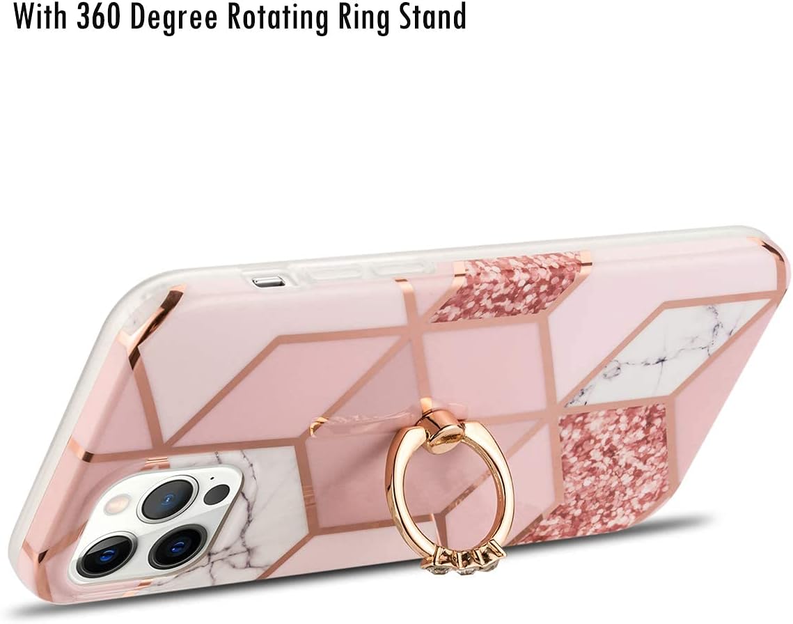 Manleno Compatible with iPhone 12 Pro Case iPhone 12 Case Marble with Ring Kickstand Glitter Sparkle Design Women Girls Slim Protective Phone Case Soft Bumper Cover for iPhone 12/Pro 6.1" (Rose Gold)