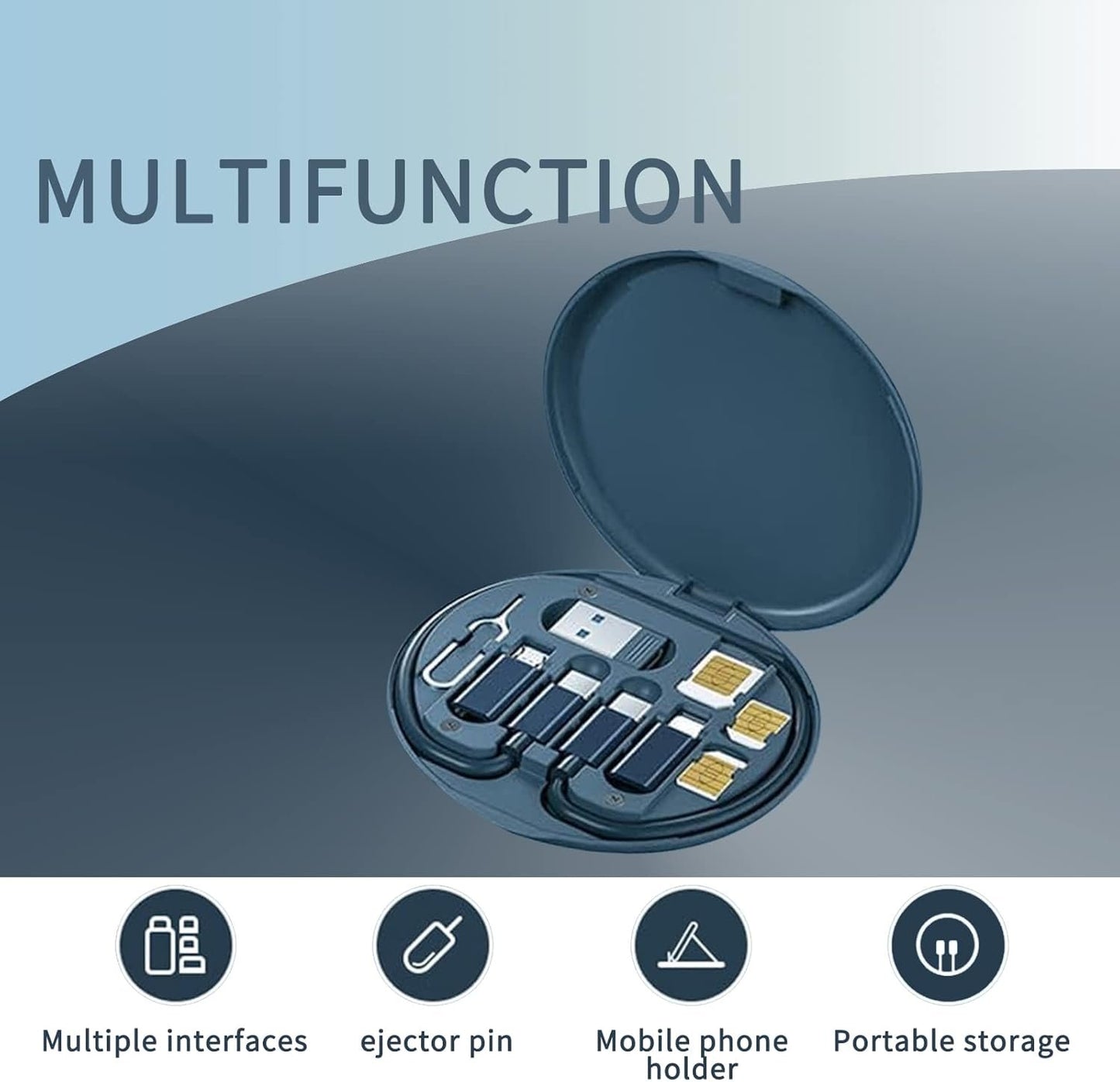 YAFIYGI 9 in 1 Cable Case USB Adapter Cable Conversion Storage Box, USB Type C to Micro USB/Lightning/USB A Cable Data Transfer Tool Contains Sim Card Slot Tray Eject Pin, Use as Phone Holder