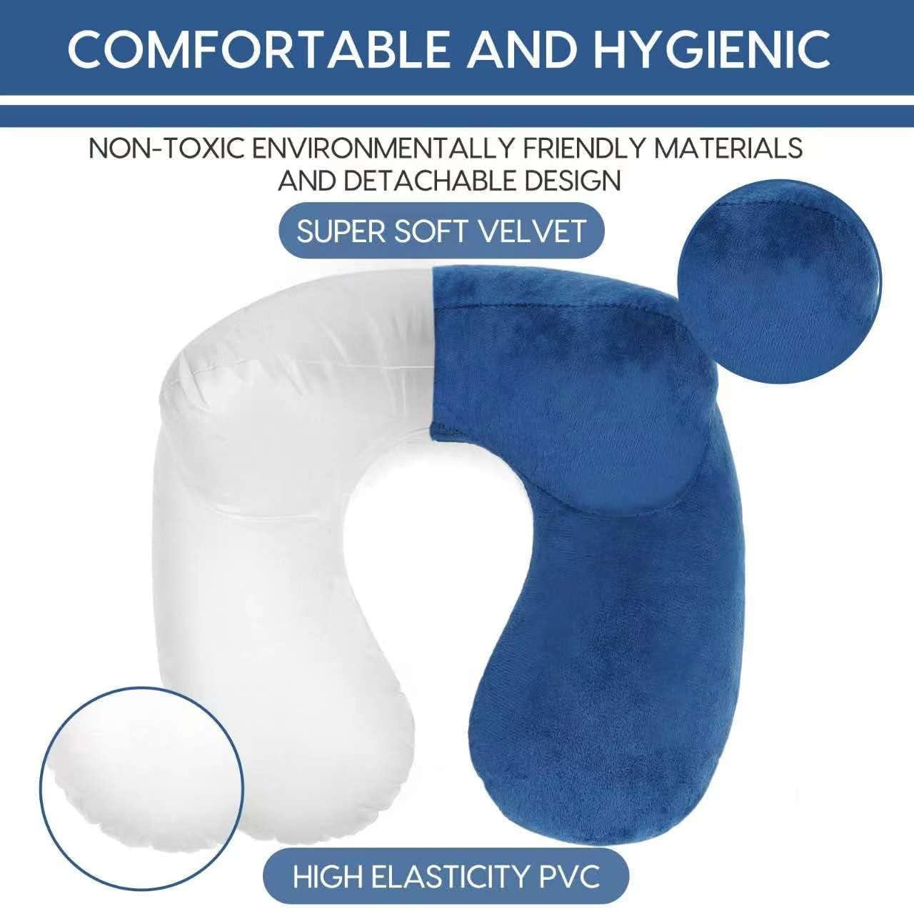 Travel Pillow, Inflatable Travel Pillow for Airplane Inflatable Neck Pillow for Traveling with Soft Velvet Washable Cover, Contoured Eye Masks, Earplugs and Luxury Bag (Navy Blue)