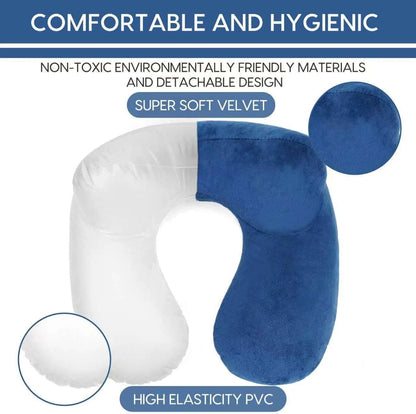 Travel Pillow, Inflatable Travel Pillow for Airplane Inflatable Neck Pillow for Traveling with Soft Velvet Washable Cover, Contoured Eye Masks, Earplugs and Luxury Bag (Navy Blue)