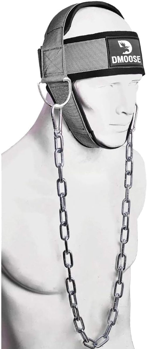 DMoose Neck Harness for Weight Lifting - 30" Heavy Duty Steel Chain - Neck Exerciser, Trainer & Strengthener for Injury Recovery Support & Workout- Adjustable Head & Chin Strap