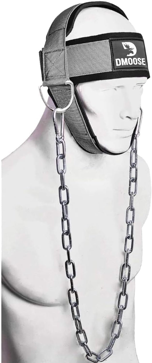DMoose Neck Harness for Weight Lifting - 30" Heavy Duty Steel Chain - Neck Exerciser, Trainer & Strengthener for Injury Recovery Support & Workout- Adjustable Head & Chin Strap
