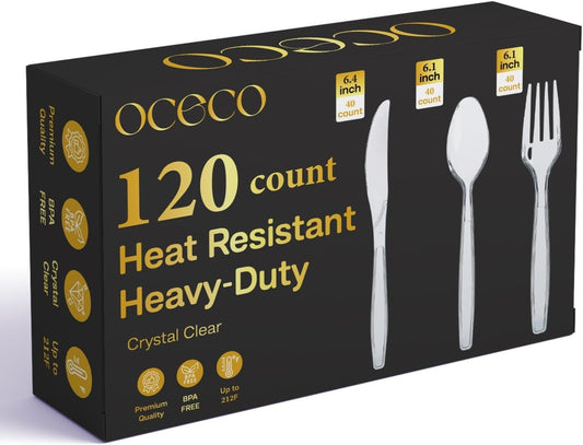 Extra Large 6.4-Inch 120 Count Heavy Duty Clear Plastic Silverware, 40 Forks, 40 Spoons, 40 Knives, Heat Resistant, Plastic Cutlery Set, Disposable Silverware, Spoon Fork Knife, Plastic Utensils Set