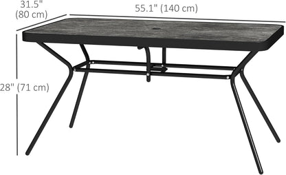 Outsunny 55" x 31.5" x 28" Rectangle Outdoor Dining Table for 6, Patio Table with 1.7" Umbrella Hole, Easy Clean DPC Plastic Tabletop, Steel Frame, for Backyard, Deck, Lawn, Grey