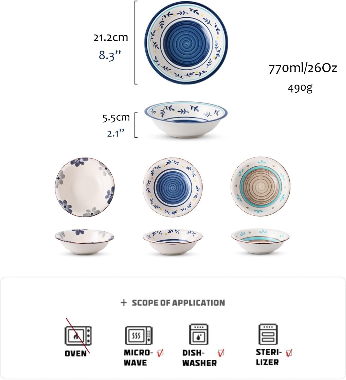 Pasta Bowl Dinnerware for Kitchen - Ceramic Cereal Bowls 26 OZ Ramen Bowl Microwave and Dishwasher Safe BPA Free E-CO Friendly Deep Soup Bowl for Cereal, Salad, Soup, Rice, Noodle (Color : A)