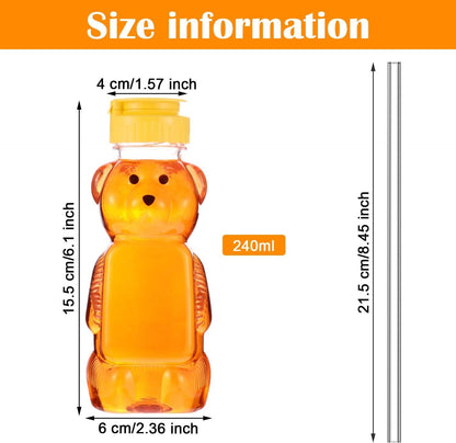 4 Pieces Juice Bear Bottles Honey Bear Drinking Bottles Plastic Reusable Drinking Cups with 4 Pieces Soft Silicone Straws for Daily Drinking Supplies (Yellow)
