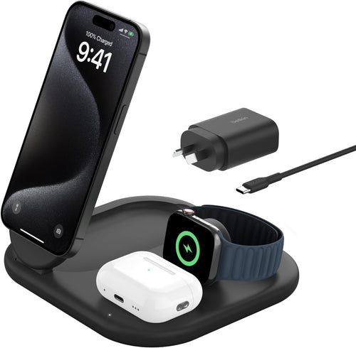 Belkin BoostCharge 3-in-1 Magnetic Foldable Wireless Charger with Qi2 15W Black