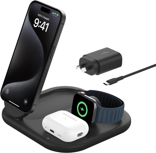 Belkin BoostCharge 3-in-1 Magnetic Foldable Wireless Charger with Qi2 15W Black