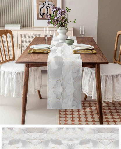 Natural White Grey Marble Stone Table Runners,Linen Cotton Table Runner Dresser Scarves Abstract Agate Gold Stripe Tabletop Scarf for Dining Room Kitchen Holiday Party (White Grey, 33CM*183CM)