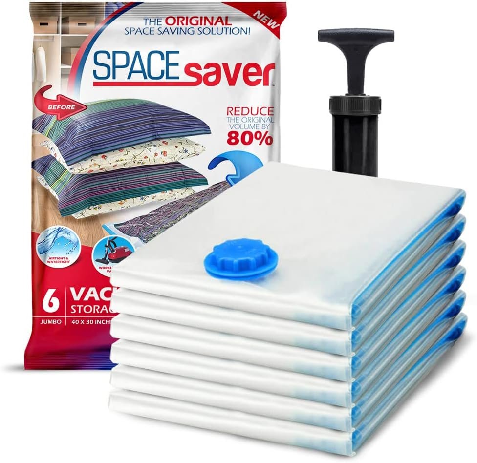 Spacesaver Vacuum Storage Bags Jumbo 6 Pack - Vacuum Seal Bags for Clothing, Comforters, Blankets, and Bedding - 100 x 80 cm Space Saver Bag for Travel and Home Organization with Hand Pump Included