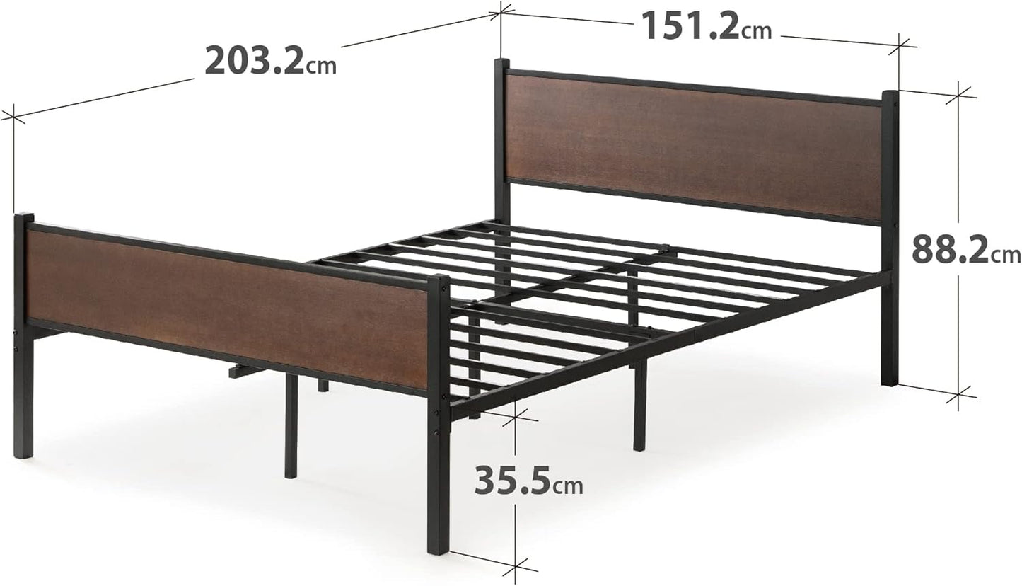 Zinus Queen Bed Frame, Industrial Metal Wooden Bamboo Bed Frame Base with Headboard, Black & Dark Wood, Bedroom Furniture, Brown