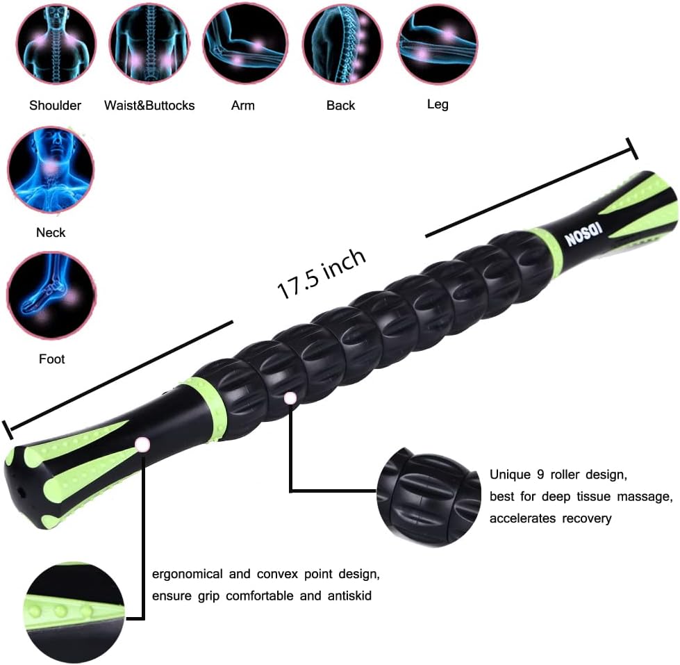 Idson Muscle Roller Stick for Athletes-46cm Body Massage Sticks Tools-Muscle Roller Massager for Relief Muscle Soreness,Cramping and Tightness,Help Legs and Back Recovery,Black Green