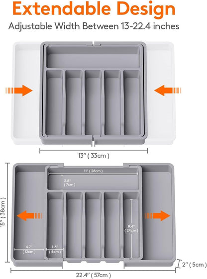 LMX Cutlery Drawer Organizer, Expandable Utensil Kitchen Drawer Organizer,BPA Free Adjustable Plastic Storage Box for Forks, Knives,Tools More (Grey, Large)