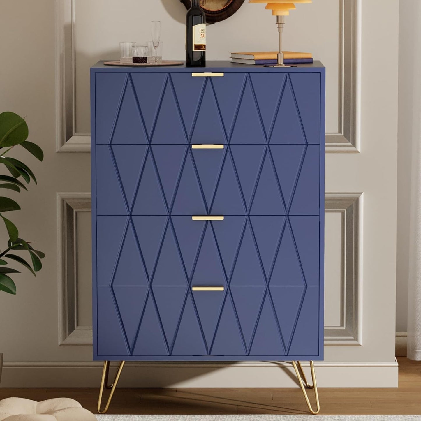 GOOBUY Chest of Drawers with 4 Drawers, Wooden Bedroom Como, Living Room Furniture, Gold Handles and Legs, 34 x 60 x 91 H cm, Blue