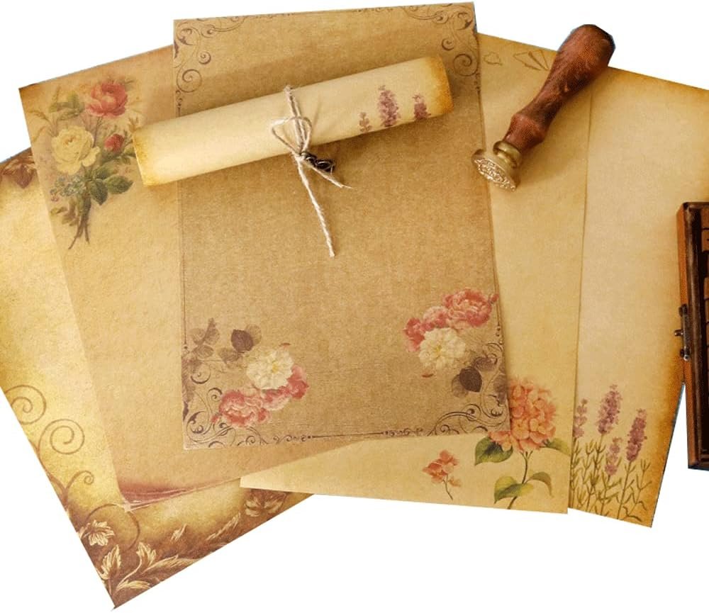 Stationery Paper, 64 Pcs Retro Kraft Paper Stationery, 8 Craft Design Styles, Suitable for Writing Letters, Copying, Invitations, Love Letters (8.26x5.7 Inch)