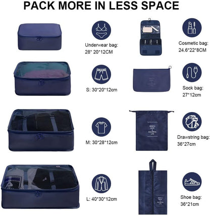 OSDUE Luggage Organizer, 8 Pieces Waterproof Packing Cube Set, Separators Pouches Travel Organizer, Clothing Underwear Footwear Organizers Sacks Storage Suitcase Set (Navy Blue)
