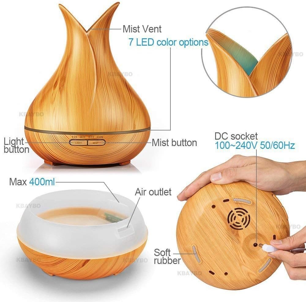 Essential Oil Diffuser Ultrasonic Aromatherapy Air Humidifier 400ML Remote Control Wood Grain Cool Mist Aroma Diffuser Large for Home Office Spa Baby Kids Room, Auto Shut-Off, 10 Hours Working Time (Light Wood)