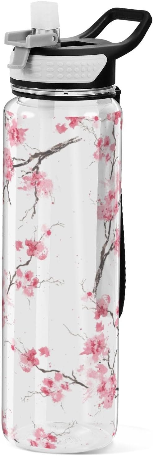 Blueangle 32oz Sakura Branches Sports Water Bottle with Straw, BPA Free Tritan Reusable Plastic Bottles for Gym and Outdoor（481）