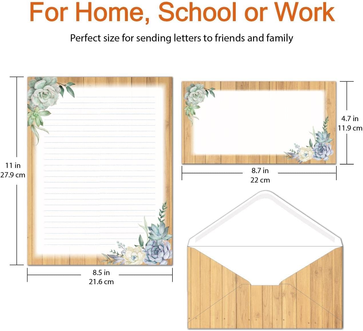 Lined Stationery Set - 50 Writing Paper and 50 Envelopes, 8.5 x 11 Inch Succulent Lines, 2 Designs Assorted Letter Writing Paper