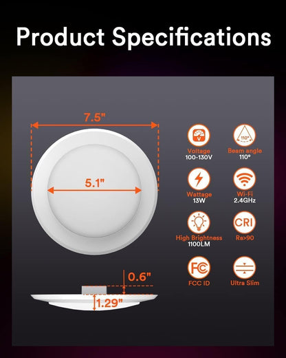 Lumary 13W Smart Flush Mount Ceiling Lights 5/6 Inch, RGBWW WiFi LED Disk Light, Color Changing 2700-6500K Dimmable Recessed Lighting, Surface Mount, Work with Alexa/Google Assistant