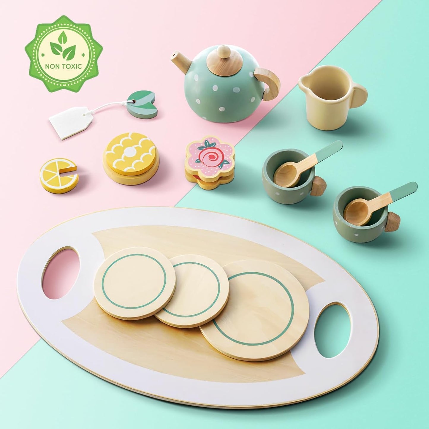 Wooden Tea Party Toys for Little Girls, Montessori Tea Time Pretend Play Toy for Kids Kitchen Sets Wooden Toys for 3 4 5 Year Old Girl Birthday Gift