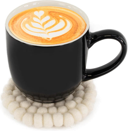 Set of 4 Round Felt Ball Coasters - 100% Merino Wool Table Coasters for Drinks and Bar - Absorbent, Heat Resistant, Thick & Durable Felt Coaster Pads - Handcrafted in Nepal, Eco-Friendly-White, B1400