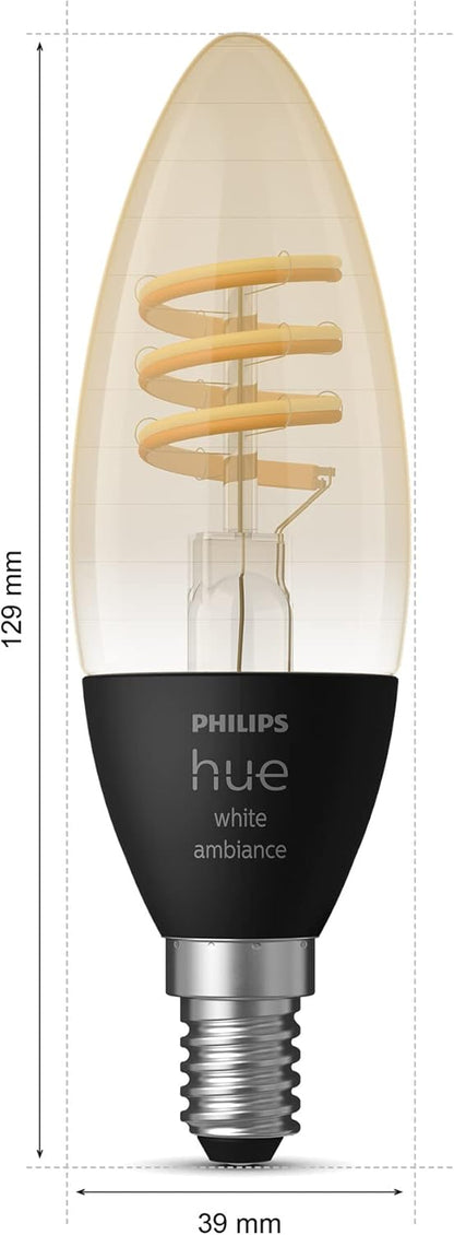 Philips Hue Filament Candle White Ambiance LED Smart Light Bulb E14 Small Edison Screw 4.9W for Indoor Home Lighting. Bedroom