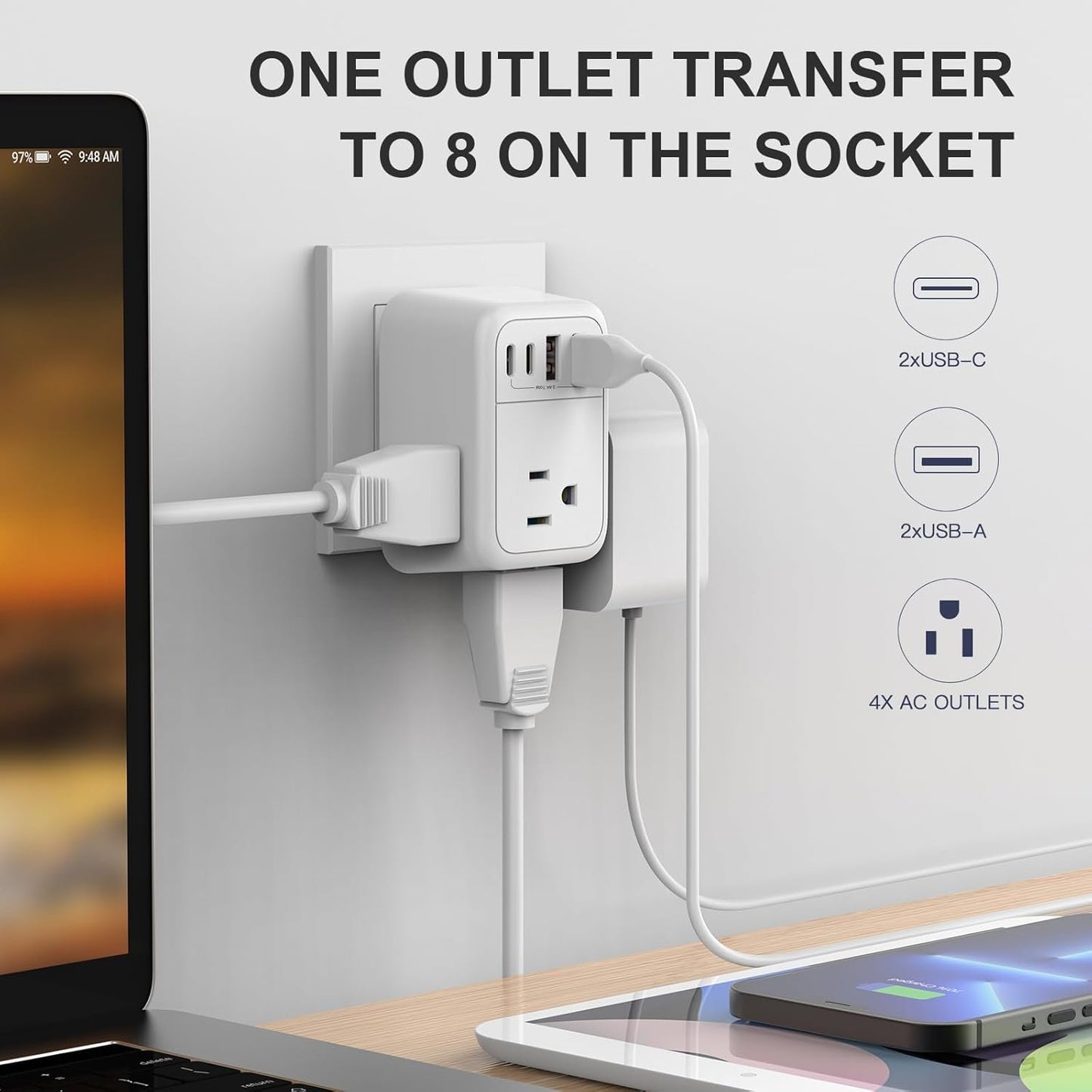 VYLEE Travel Plug Adapter with 4 AC Outlets and 4 USB Ports - European and International Power Adapter, Type C Plug Adapter Travel Essentials to Most Europe EU Spain Italy France Germany [1 Pack]