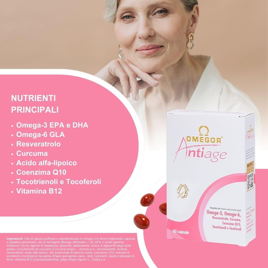 OMEGOR Anti-Aging with Omega 3 and 6 - Antioxidant Skin Supplement Against the Signs of Aging with Coenzyme Q10, Resveratrol, Alpha Lipoic and Turmeric (60 Capsules)