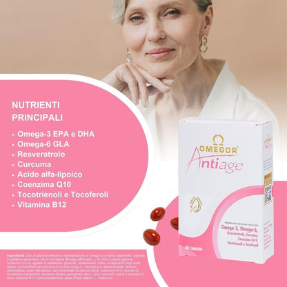 OMEGOR Anti-Aging with Omega 3 and 6 - Antioxidant Skin Supplement Against the Signs of Aging with Coenzyme Q10, Resveratrol, Alpha Lipoic and Turmeric (60 Capsules)