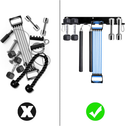 Tebery 9 Hook Home Gym Storage Rack Wall Mount, Fitness Equipment Organizer, Metal Gym Accessory Hanger for Exercise Bands, Jump Ropes, Barbells, Lifting Belts