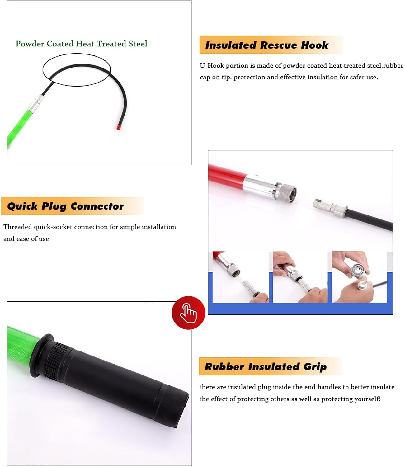 Insulated Handle Rescue Hook 3 5 Foot 6 10 Ft High Voltage Insulated Life Hook, Anti-electrocution Body Rescue Hook for Aerial Work/Electric Vehicles - Electrical Safety Emergency Life-Saving Tools(Re