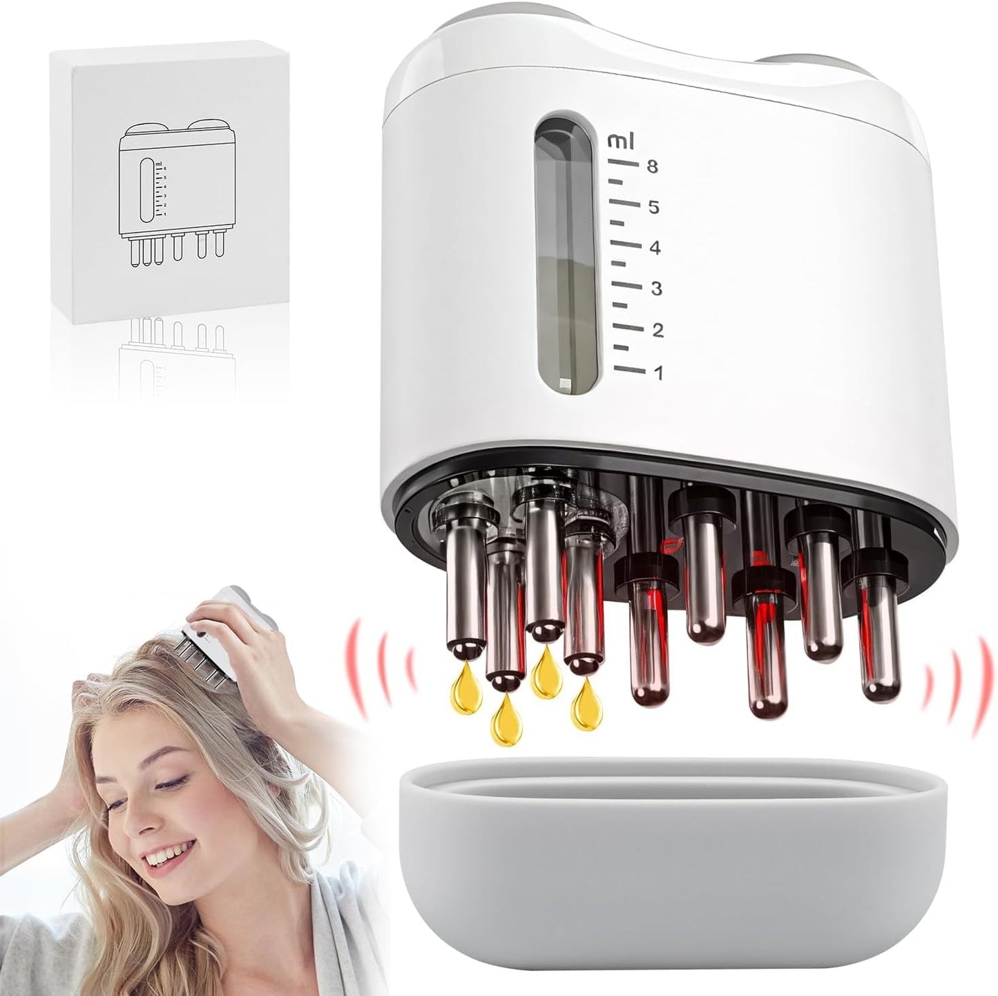 Electric Hair Brush & Scalp Massager with Oil Dispenser, Mess-Free Applicator for Nourishing Scalp and Hair Care, Rechargeable with USB Cable, Travel-Friendly, White