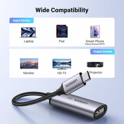 UGREEN 8K@60Hz USB C to DisplayPort 1.4 Adapter Cable 4K 240Hz HDR Thunderbolt 4 to Dp Converter Aluminum Braided Compatible with iPhone 16/15 Series Galaxy MacBook Pro/Air iPad Pro Galaxy S23 Dell