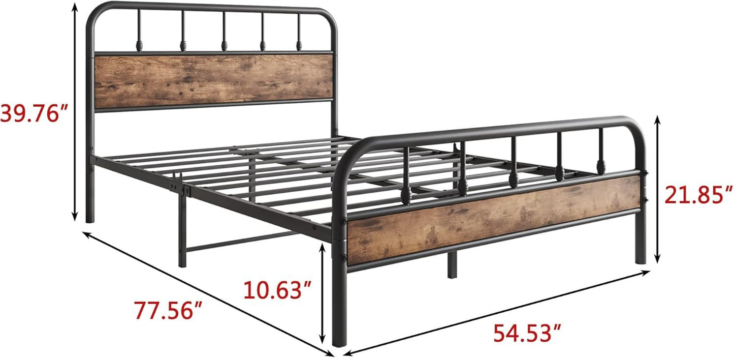 Elegant Home Products Full Bed Frame with Wood Headboard and Footboard,Sturdy Steel Slats,Metal Platform Bed Frame,No Box Spring Needed,Noise Free Mattress Foundation Black & Rustic Brown