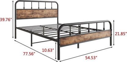 Elegant Home Products Full Bed Frame with Wood Headboard and Footboard,Sturdy Steel Slats,Metal Platform Bed Frame,No Box Spring Needed,Noise Free Mattress Foundation Black & Rustic Brown