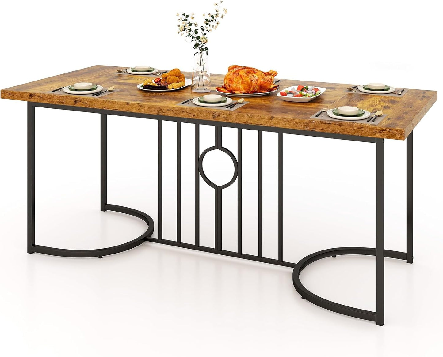 Giantex 180 cm Large Dining Table for 6-8 People, Farmhouse Rectangular Wood Kitchen Table w/Wooden Tabletop, Metal Frame, Industrial Rustic Brown Long Table for Home Office Dining Room, Load 135 KG