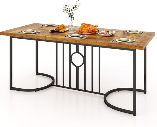 Giantex 180 cm Large Dining Table for 6-8 People, Farmhouse Rectangular Wood Kitchen Table w/Wooden Tabletop, Metal Frame, Industrial Rustic Brown Long Table for Home Office Dining Room, Load 135 KG
