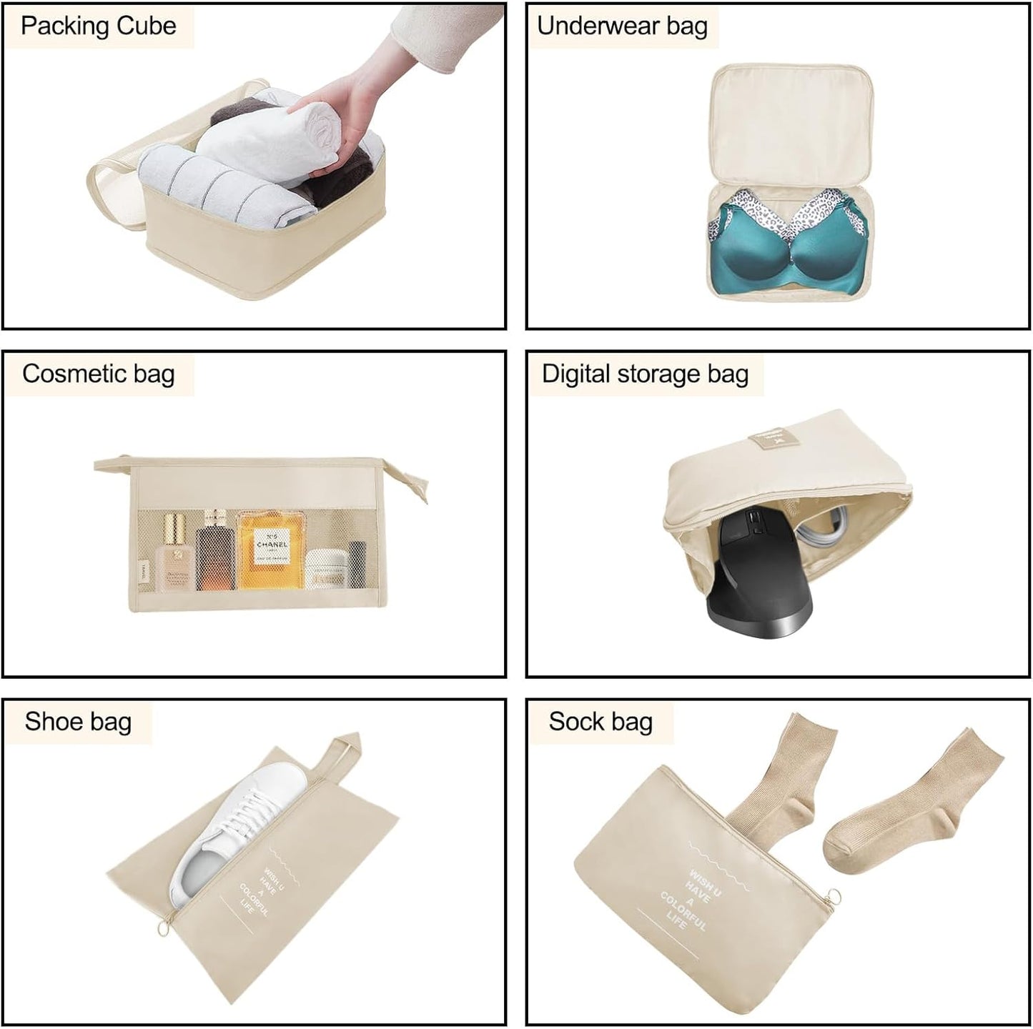 DAWNTREES 9 Set Packing Cubes for Travel, Luggage Suitcase Organizer,with Shoe Bag,Compression Packing Cubes,Cosmetics Bag, Travel Accessories Bags Made with Wearable Waterproof Fabric