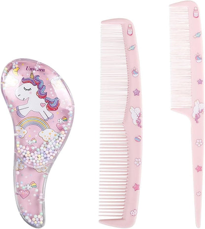 Shoyisenka 3 Pcs Cute Pink Unicorn Comb & Brush Set for Girls, Toddlers & Kids, Gentle Hairstyling Accessories for Straight, Curly & Thick Hair, All Purpose Hair Care Gift Set