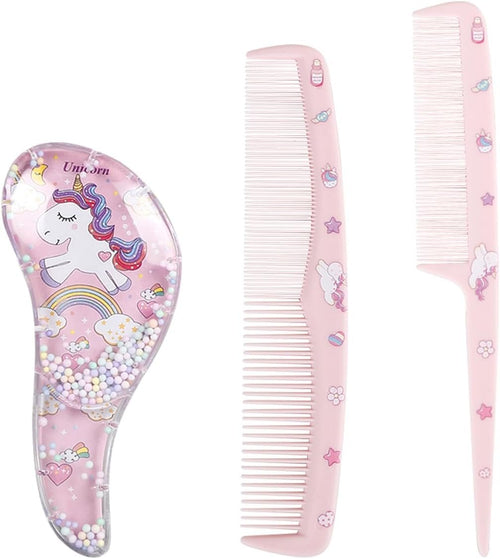 Shoyisenka 3 Pcs Cute Pink Unicorn Comb & Brush Set for Girls, Toddlers & Kids, Gentle Hairstyling Accessories for Straight, Curly & Thick Hair, All Purpose Hair Care Gift Set