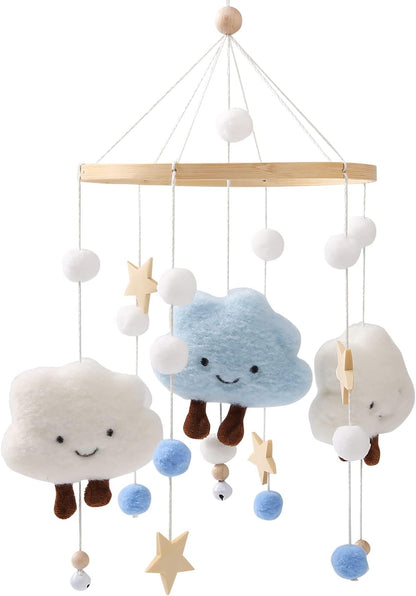 Promise Babe Mobile Baby Wood with Felt Balls Baby Room Bed Hanging Bell Clouds Star Crocheted Felt Mobile Windshield Baby Boys Girl Cot Bed Baby Star Moon Clouds Mobile
