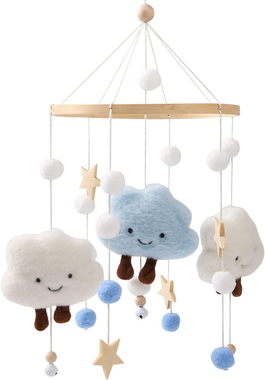 Promise Babe Mobile Baby Wood with Felt Balls Baby Room Bed Hanging Bell Clouds Star Crocheted Felt Mobile Windshield Baby Boys Girl Cot Bed Baby Star Moon Clouds Mobile
